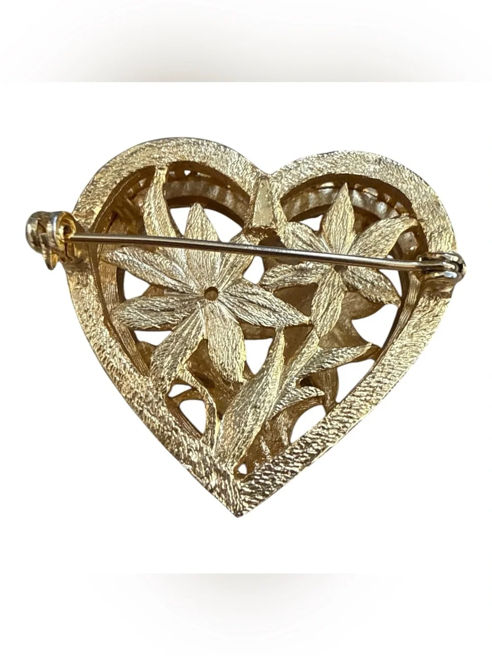 Vintage Kramer Heart Brooch Pin Gold Tone Rhinestone Floral Cut-Out
